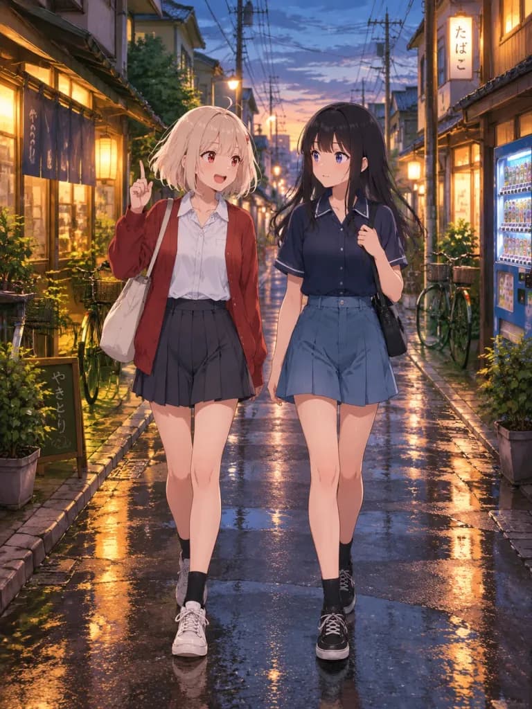 Anime-Freundinnen in regnerischer Abendstraße
