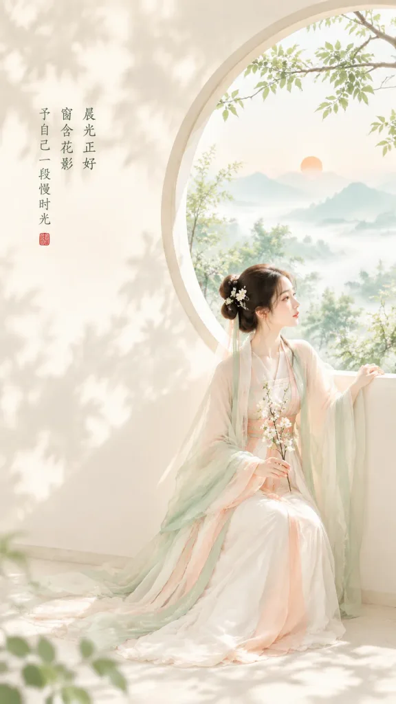 東方禪意晨光圓窗海報