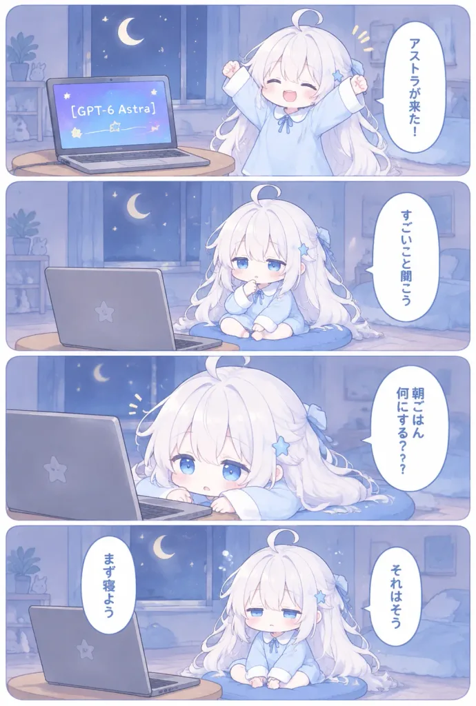 眠たいちびキャラとAIの4コマ漫画