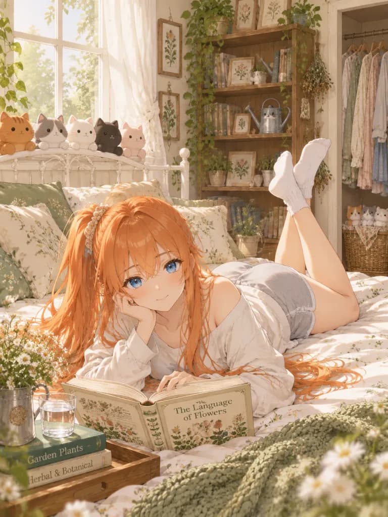 Sunlit Anime Girl Reading in Bedroom