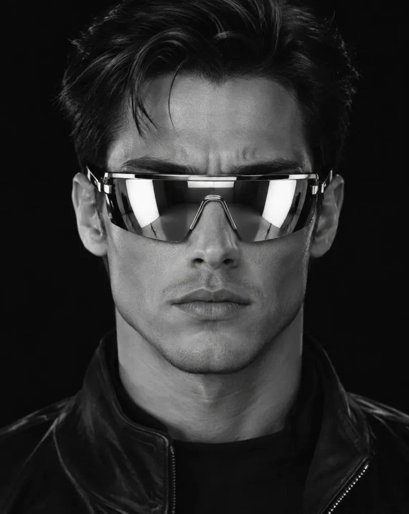 Retrato Monocromático com Óculos Espelhados Futuristas