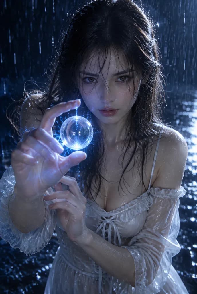 หญิงสาวกับลูกแก้วเรืองแสงในคืนฝนตก