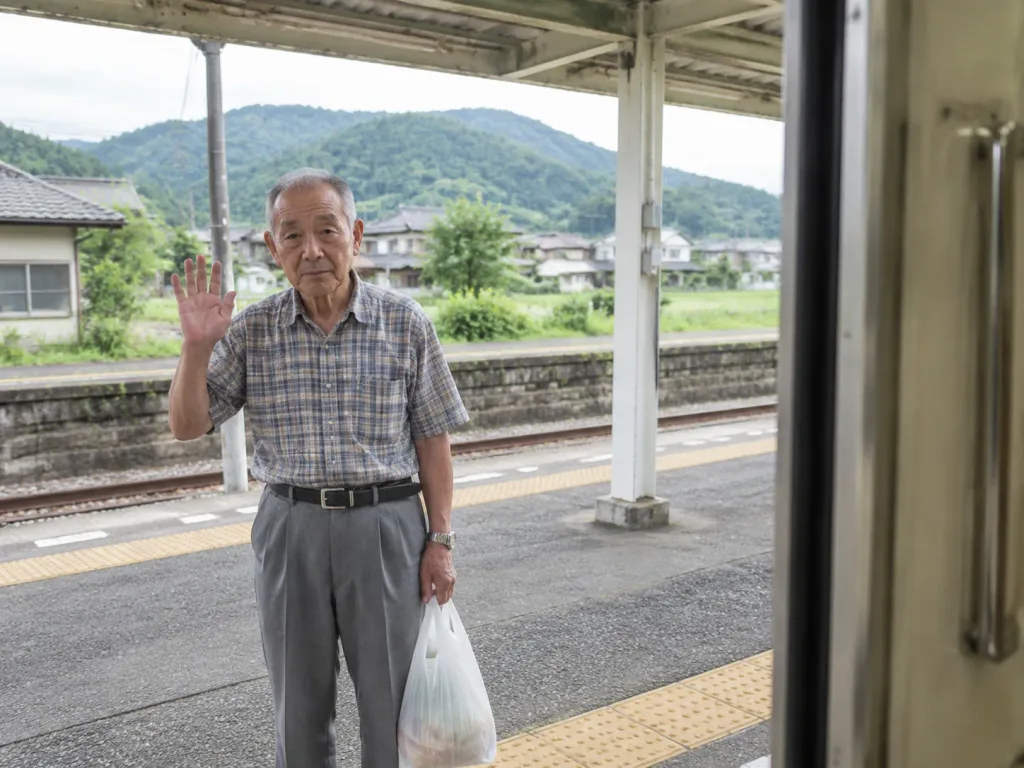 田舎の駅のホームで見送る老男性