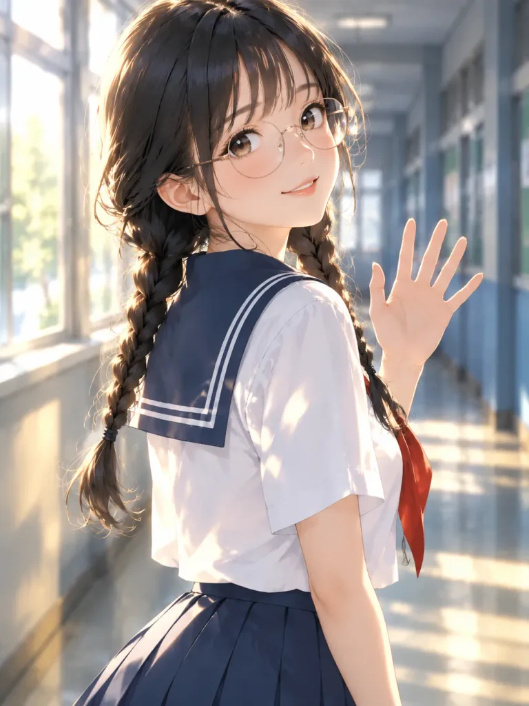 Sunlit Anime Schoolgirl Waving Goodbye