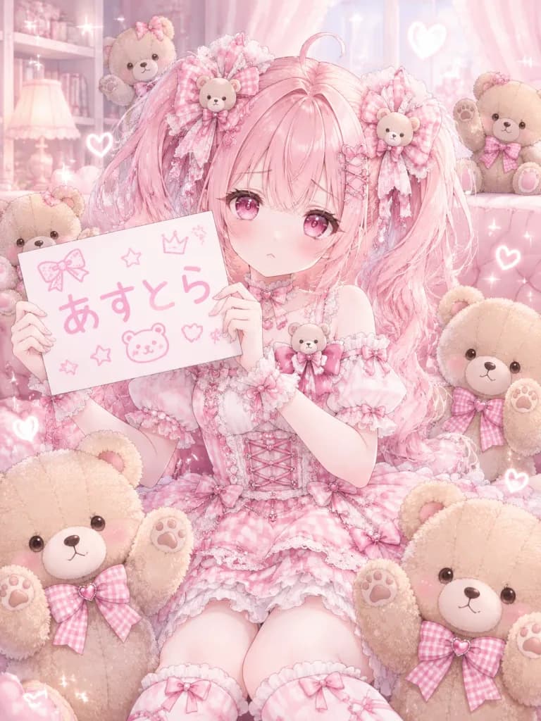 テディベアとピンクのロリータアニメ少女