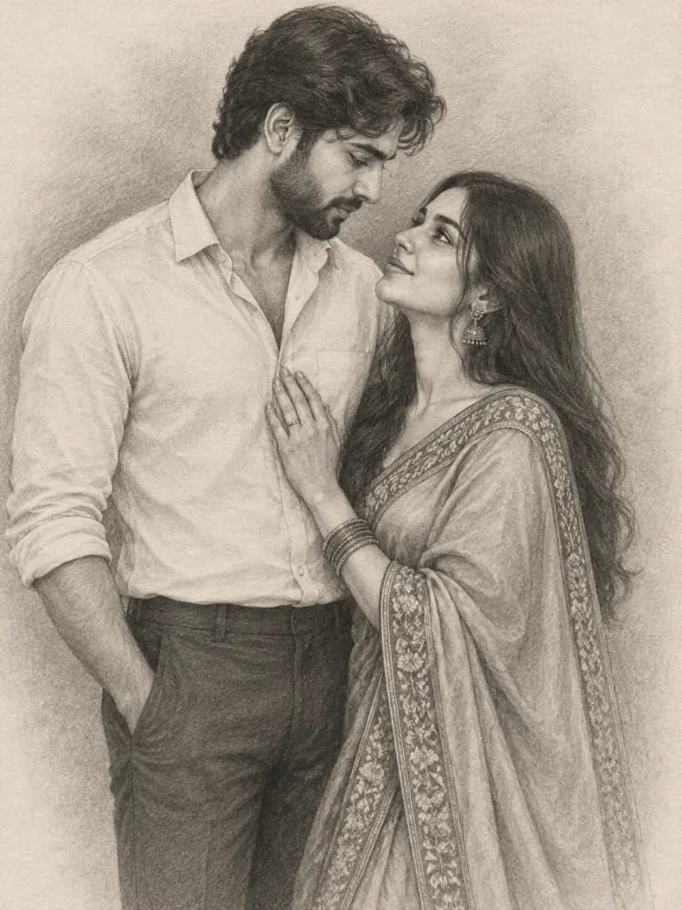 Romantic Couple Graphite Pencil Portrait