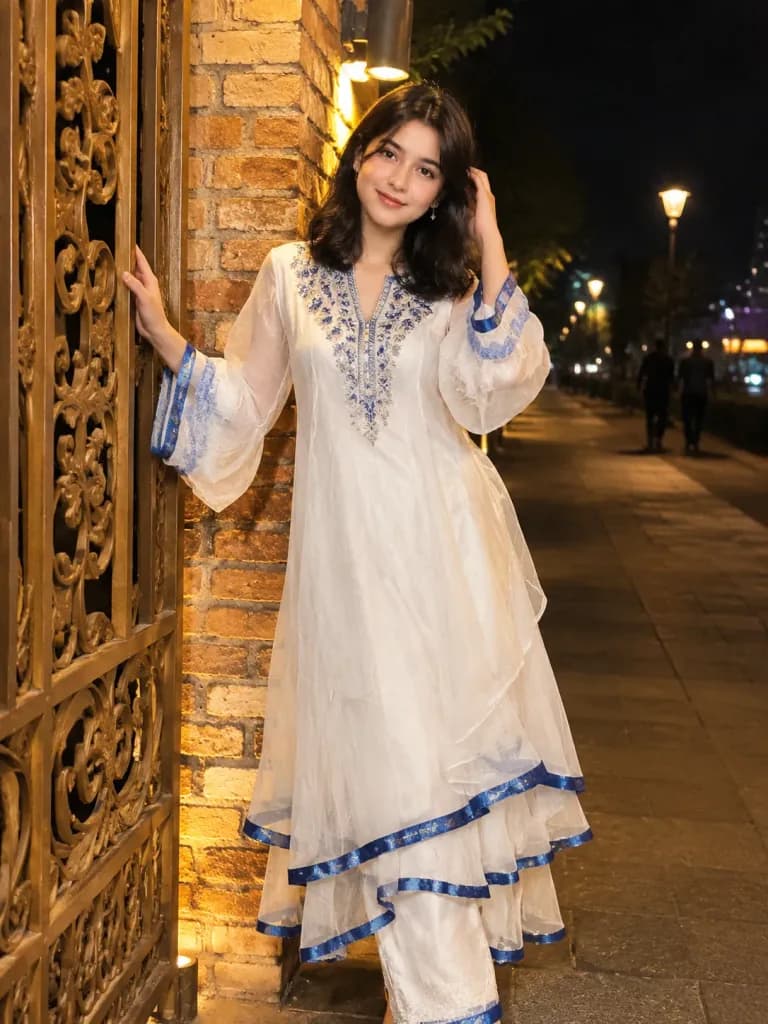 전통 의상을 입은 밤거리 인물 사진