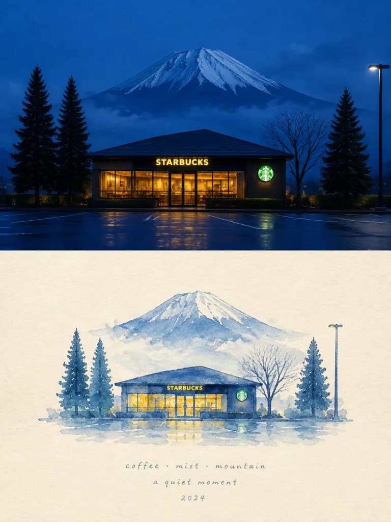 夜のカフェと山の水彩画比較アート