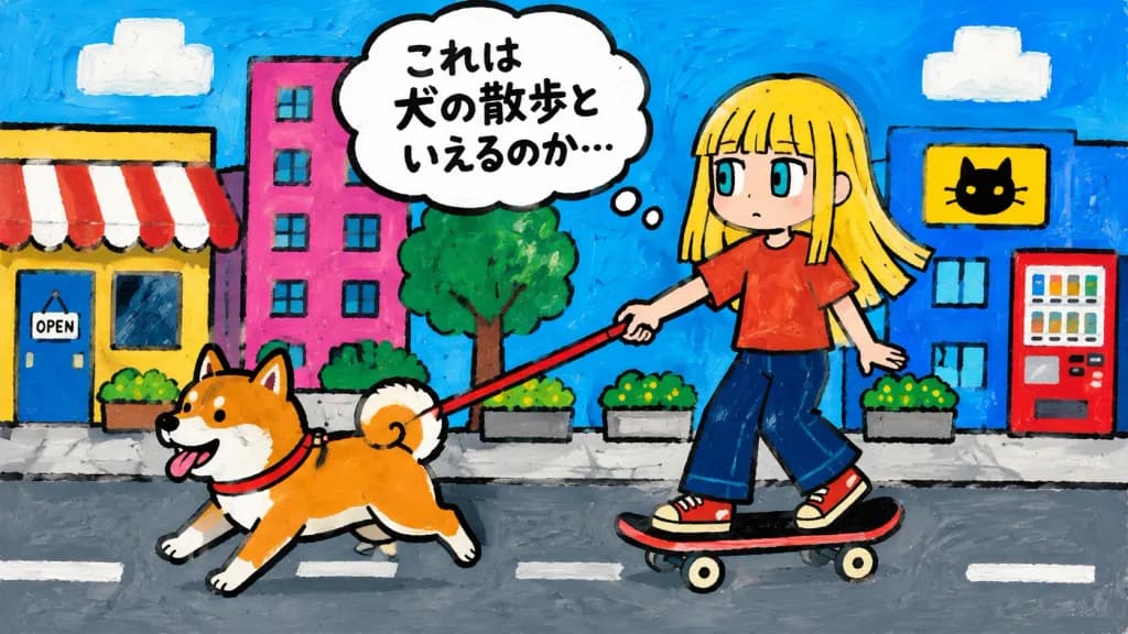 柴犬拉著滑板少女的卡通插畫