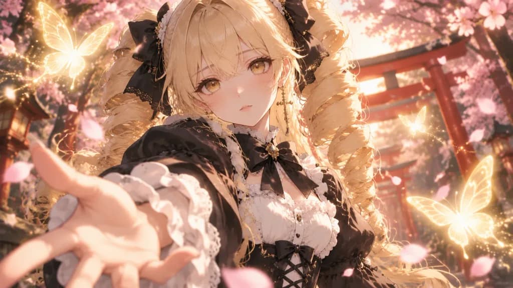 桜の神社とゴシックロリータ少女