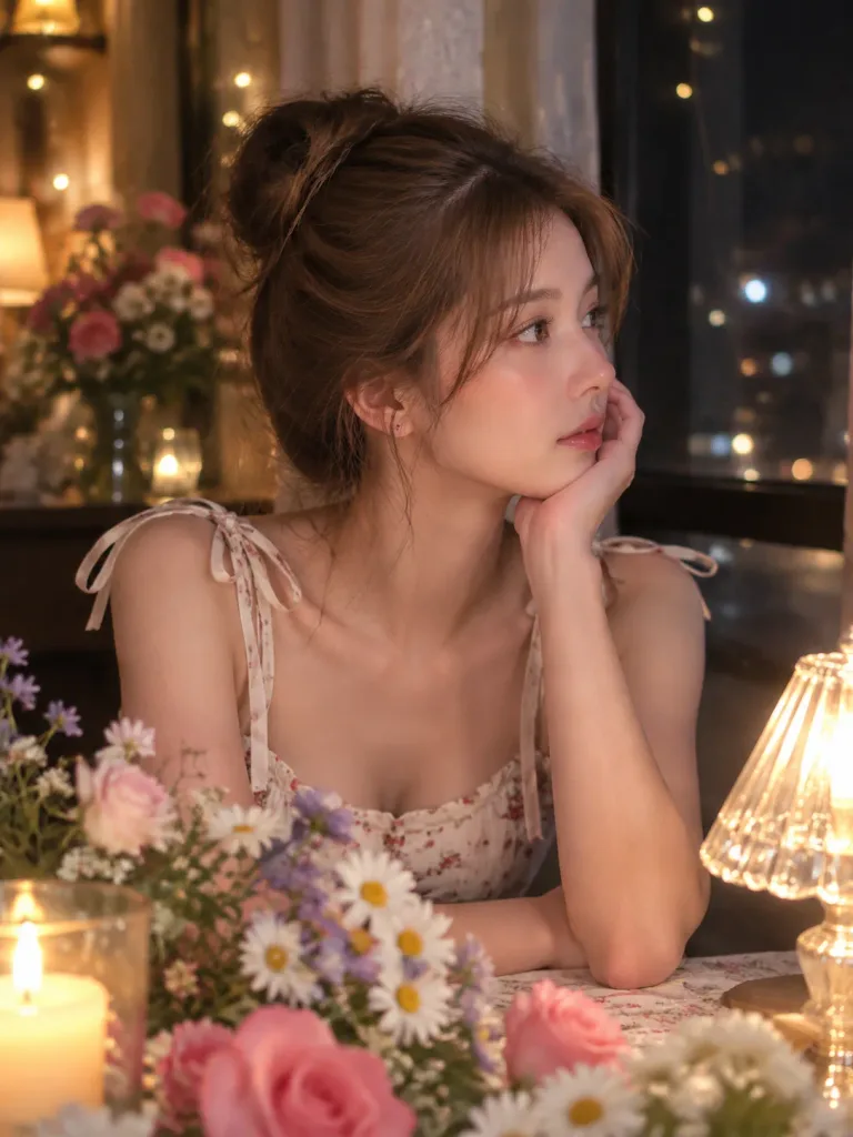 Woman in Warm Candlelit Flower Portrait