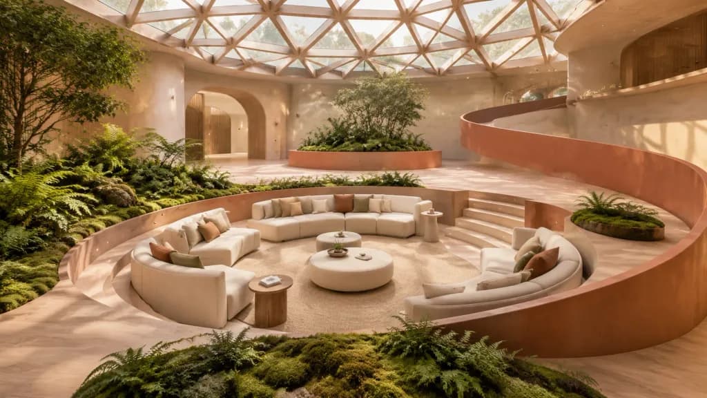 Sunken Circular Lounge in Biophilic Atrium