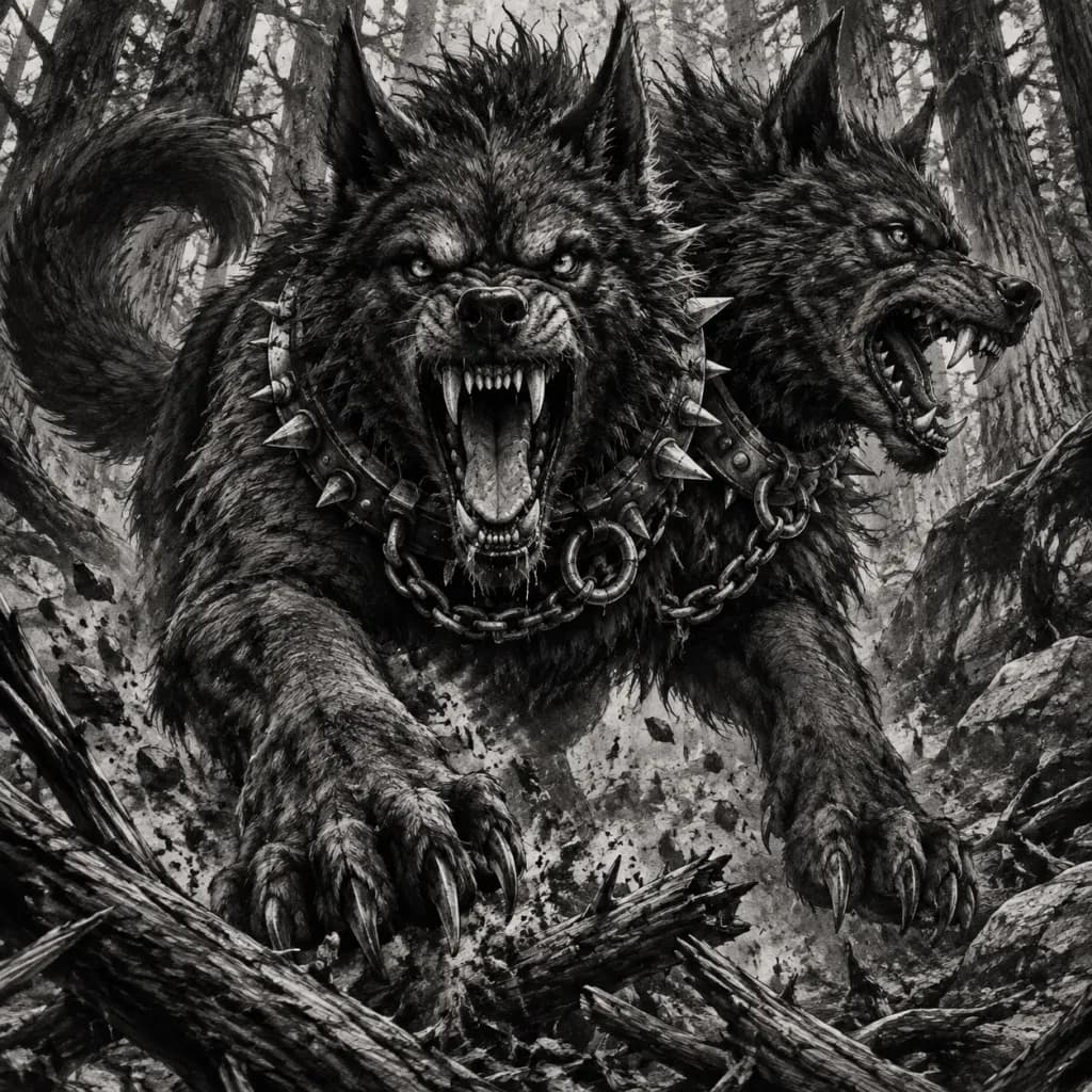Charging Two-Headed Hellhound in Forest