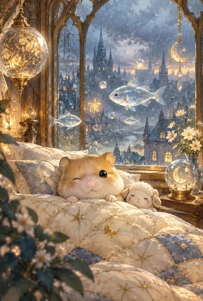 Sleepy Hamster Beside Rainy Stained-Glass Window