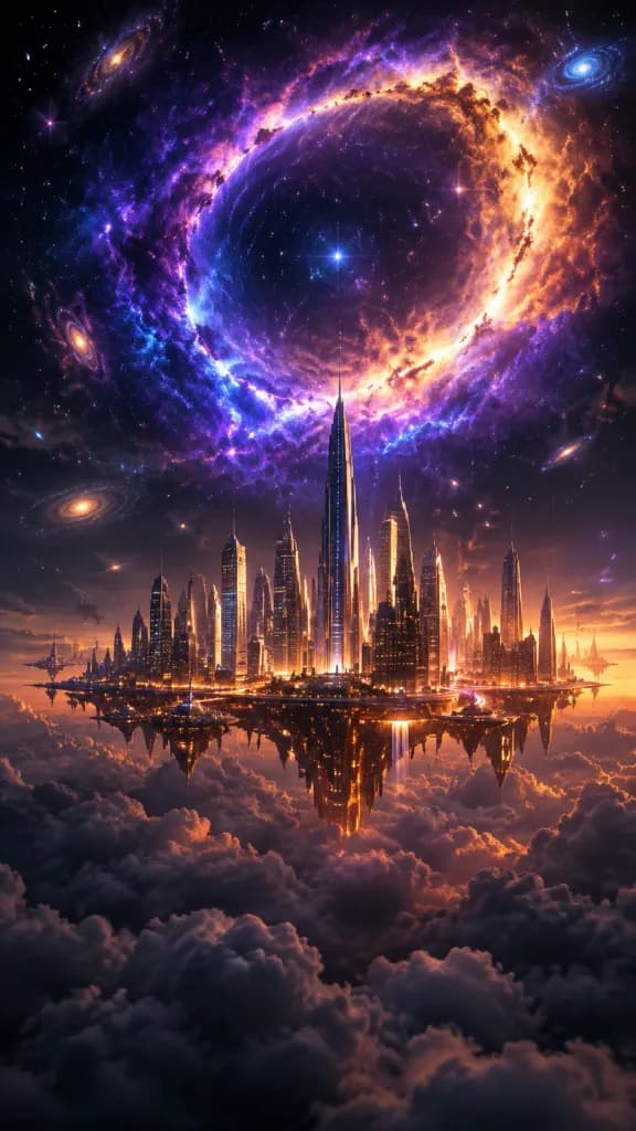 Futuristic Floating Metropolis Beneath Cosmic Ring
