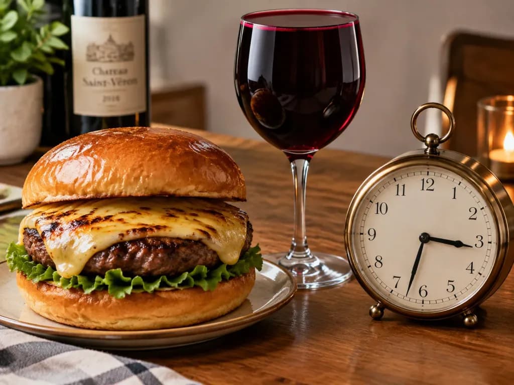 Still Life with Clock, Burger, and Wine
