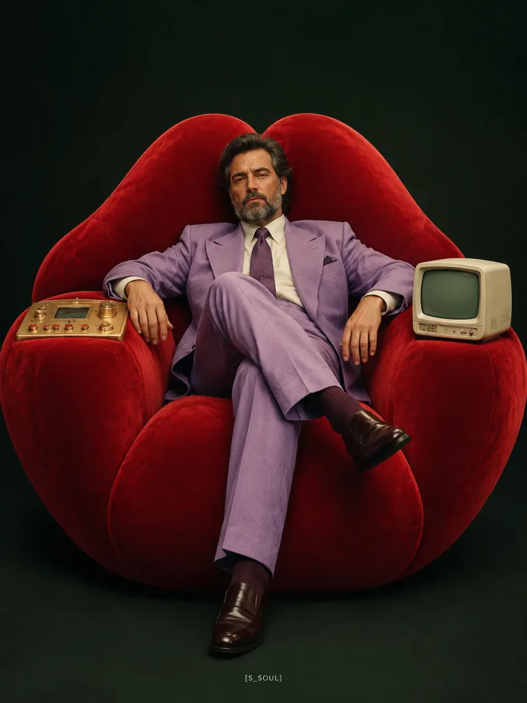 Surrealistyczny retro portret studyjny na fotelu