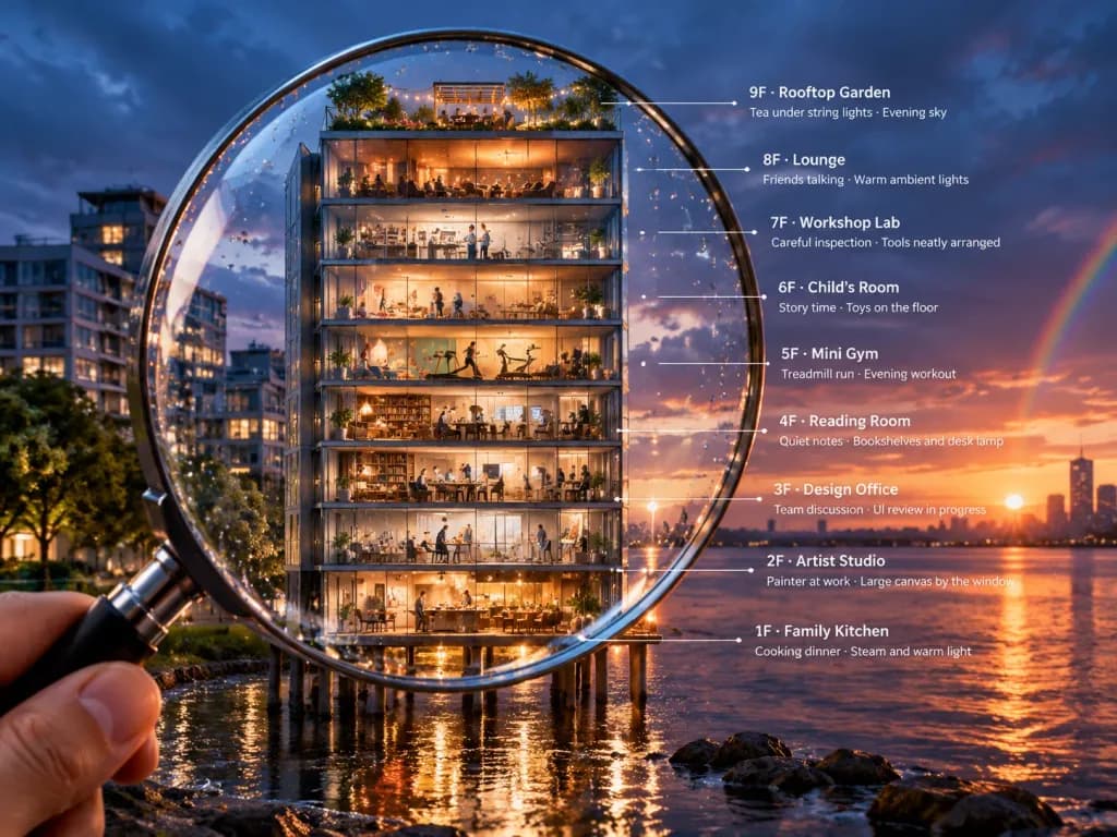 Magnified Architectural Cutaway with Floor Annotations