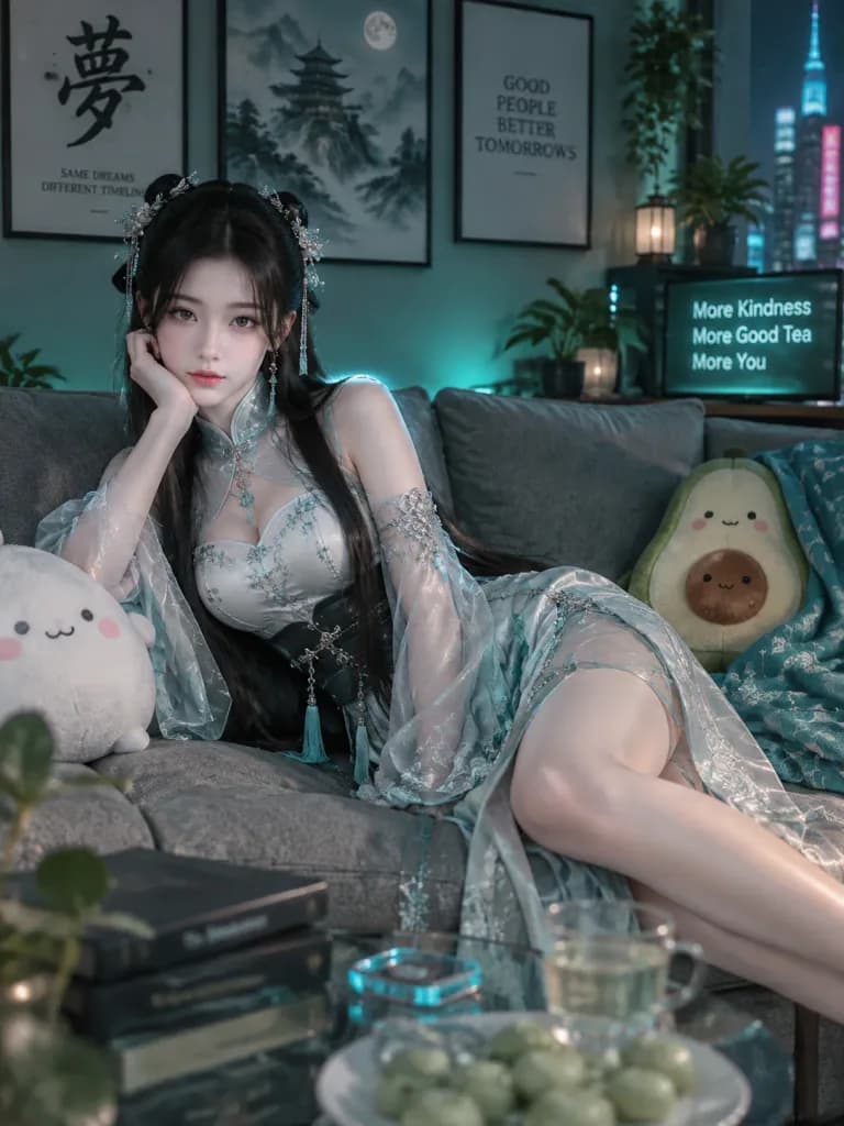 ネオン輝く部屋の仙侠風ポートレート