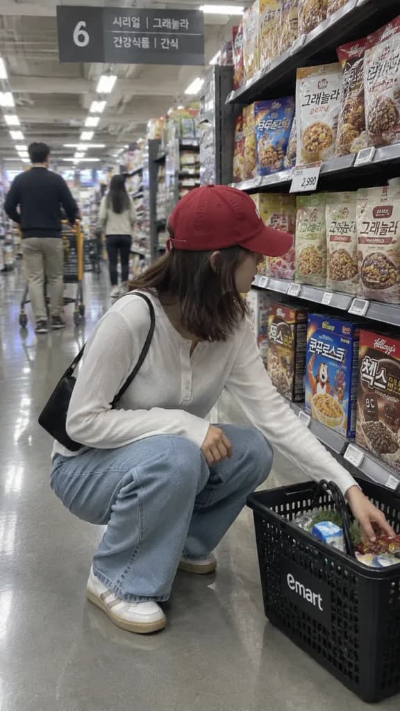 Candid Shopper in Korean Supermarket Aisle