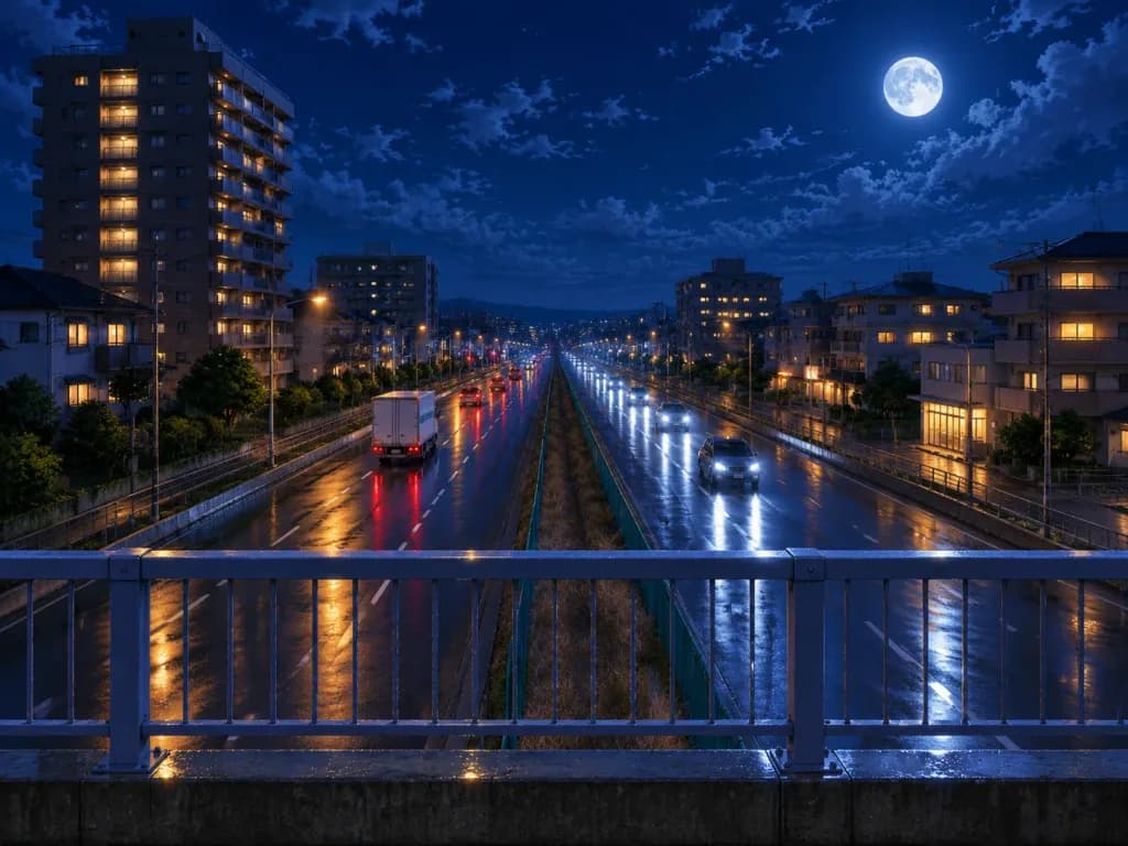 雨上がりの歩道橋から望む月夜の街並み
