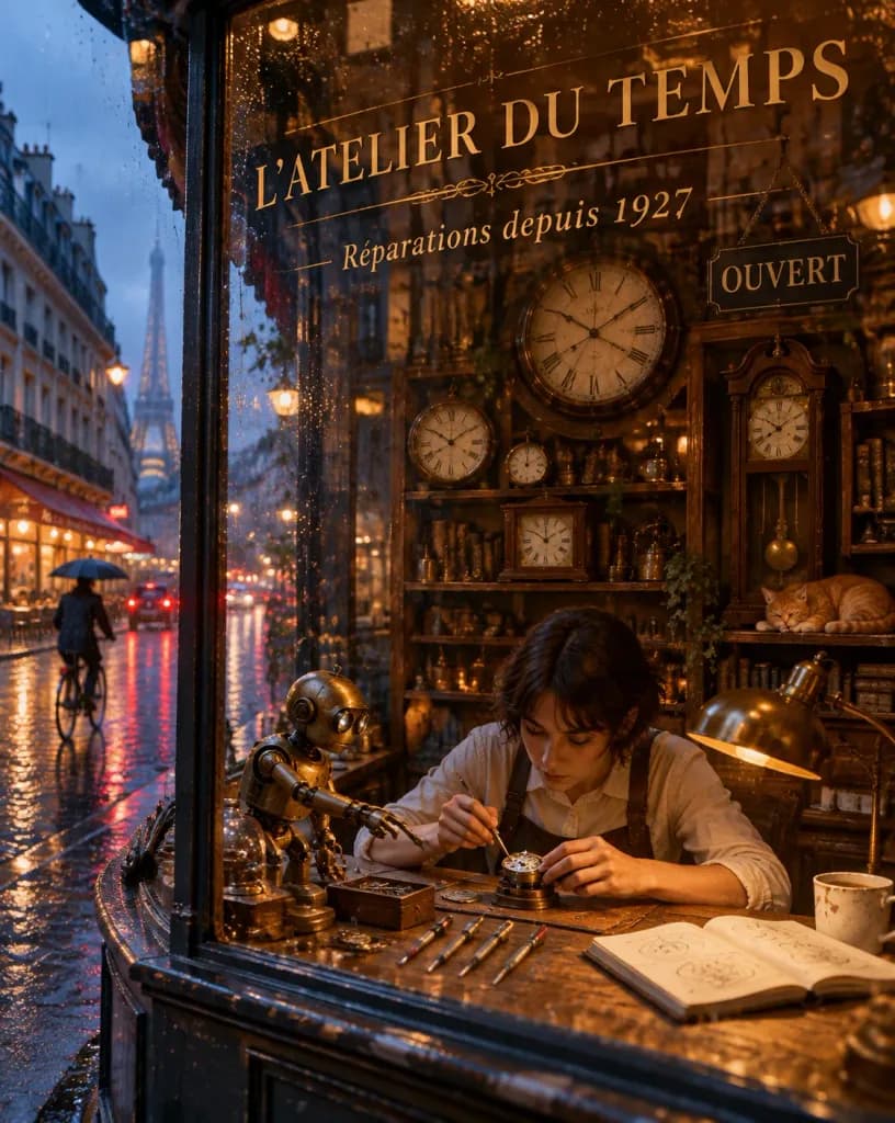 Rainy Paris Retrofuturistic Watchmaker Workshop