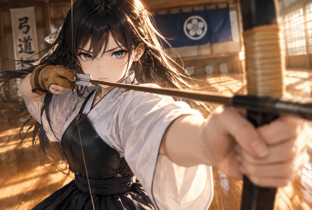 的を射抜くアニメ風弓道射手