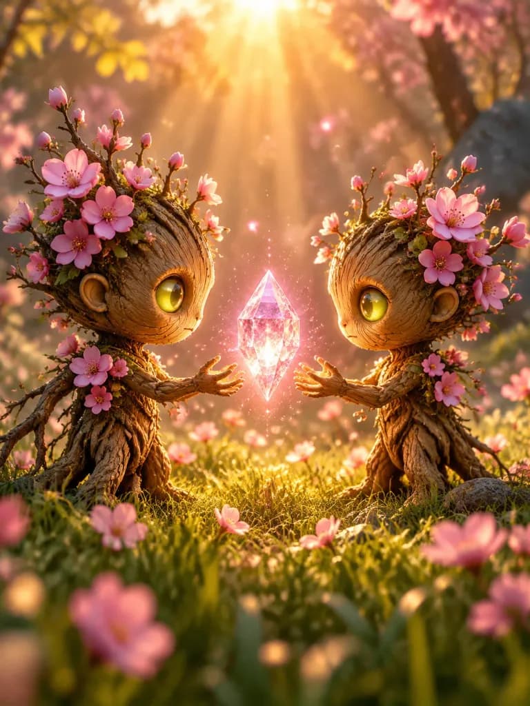 クリスタルを囲む桜の木の妖精たち