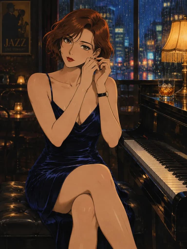 1990年代アニメ風ジャズバーポートレート