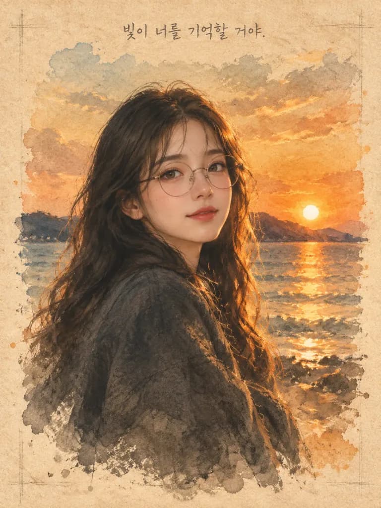 海景日落水彩素描肖像