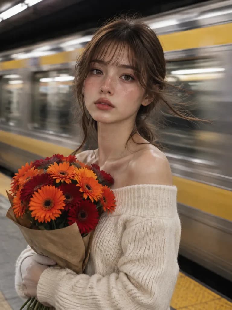 地下鉄ホームの花を持つシネマティックポートレート