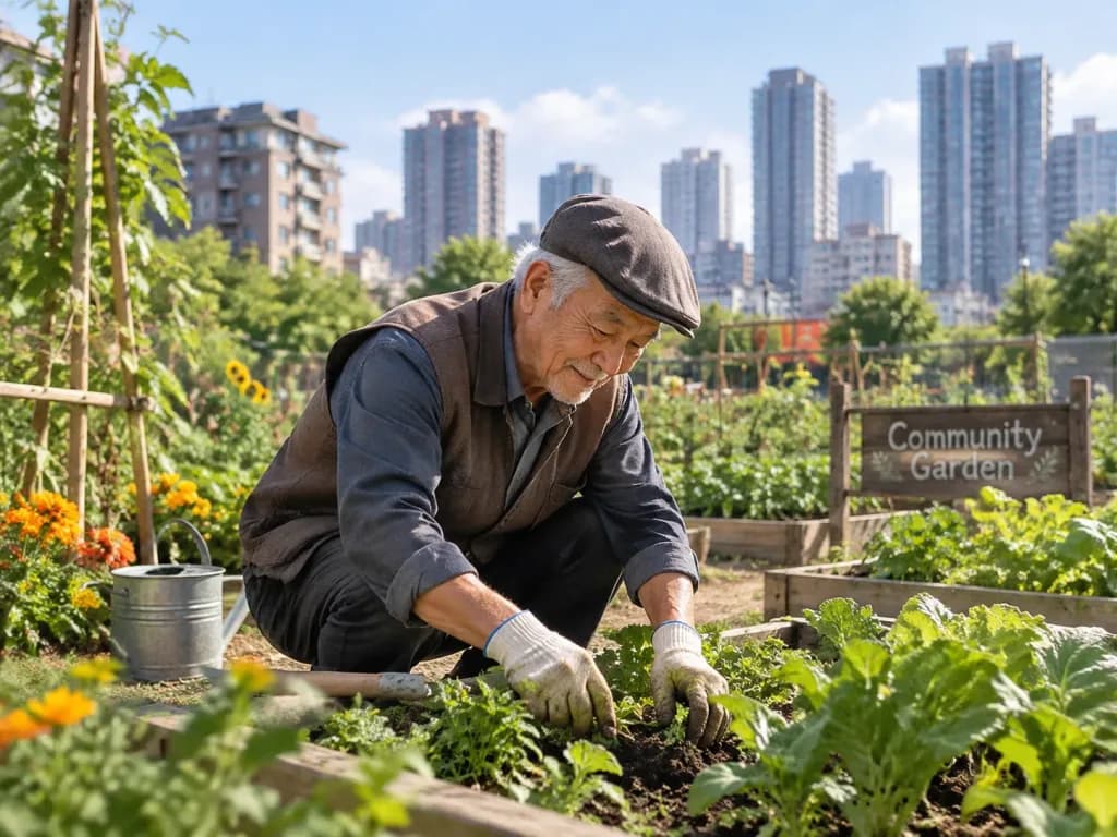都会のコミュニティ菜園で庭仕事をする老人