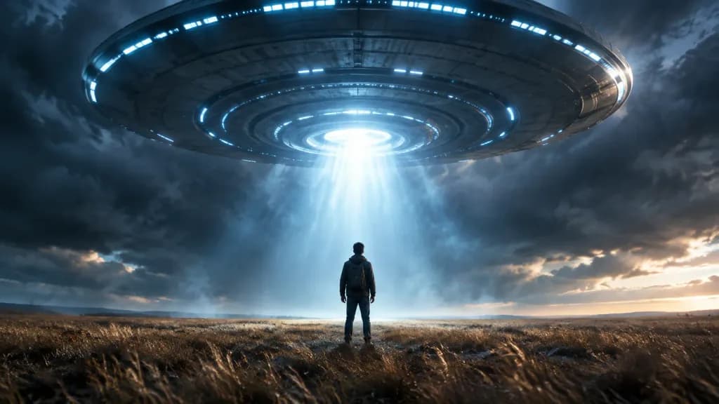 UFO zniżające się nad samotnym mężczyzną