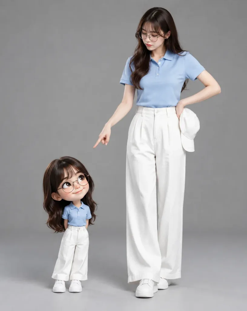 Woman Beside Mini 3D Bobblehead Caricature
