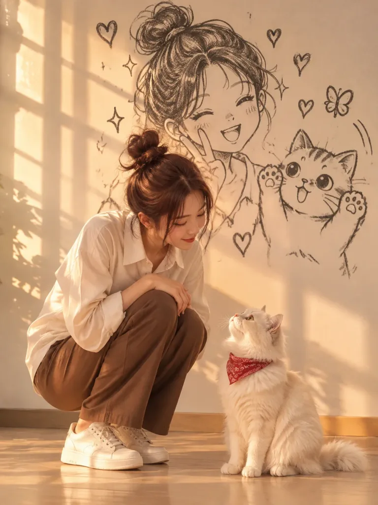 낙서 벽화 앞 여성과 고양이