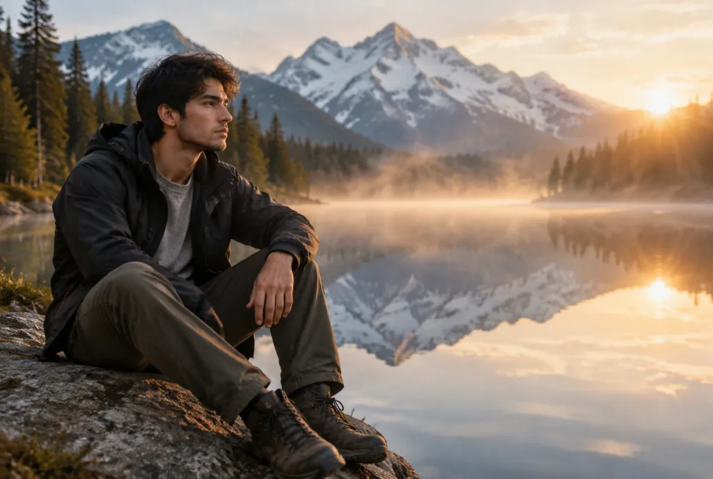 Young Man at Sunrise Alpine Lake