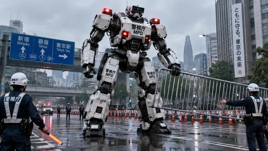 Giant Police Mech Barricading Tokyo Street