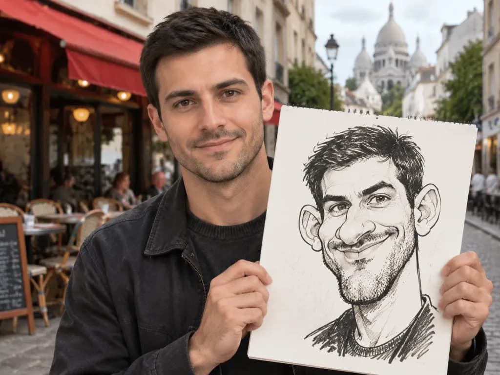 Retrato com caricatura em Montmartre