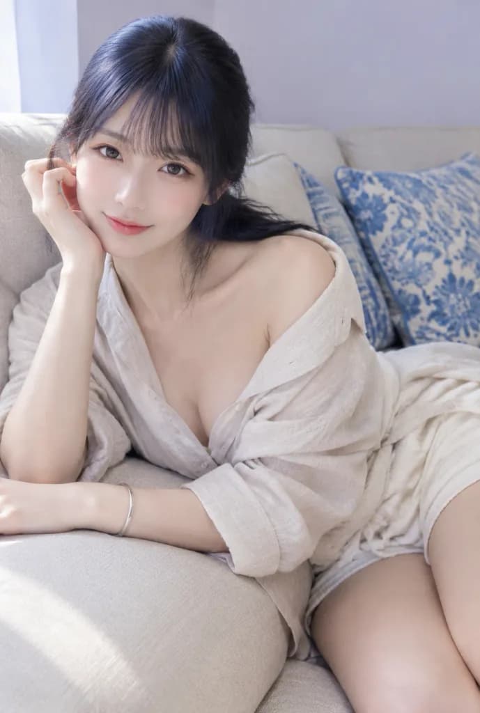 Woman Relaxing on Linen Sofa