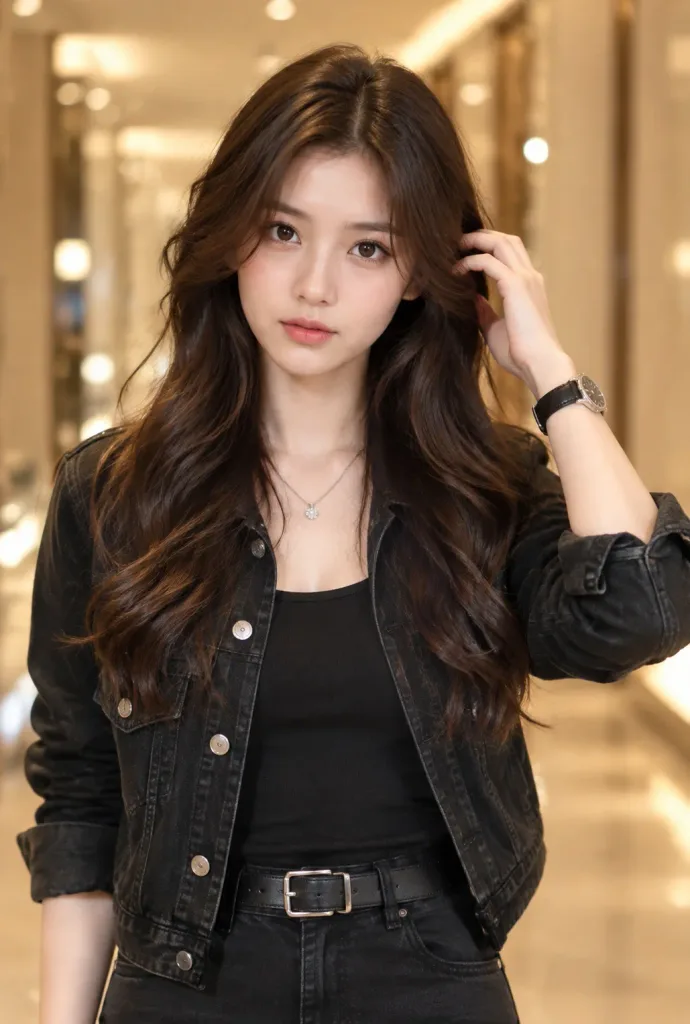 Wanita Berjaket Denim Hitam di Koridor Mewah
