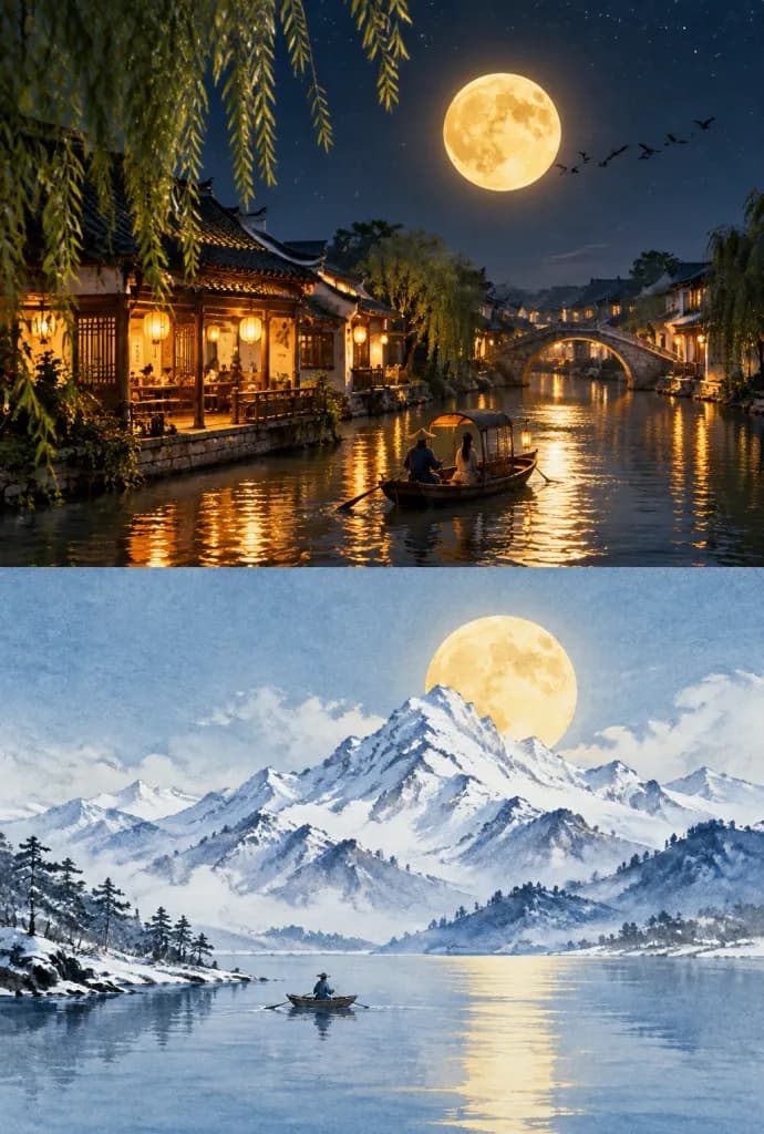 Póster de Panel Doble de Noche Lunar y Lago Nevado