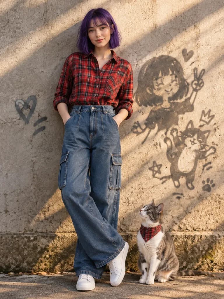 Street Fashion Portrait with Violet Bob and Cat