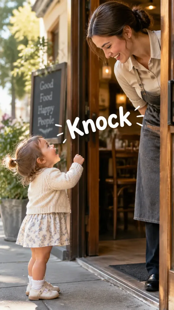 Toddler and Server Interaction Outside Restaurant