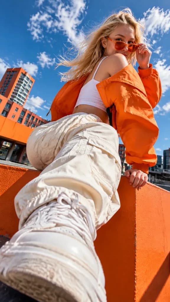 Vibrant Orange Rooftop Fashion Editorial