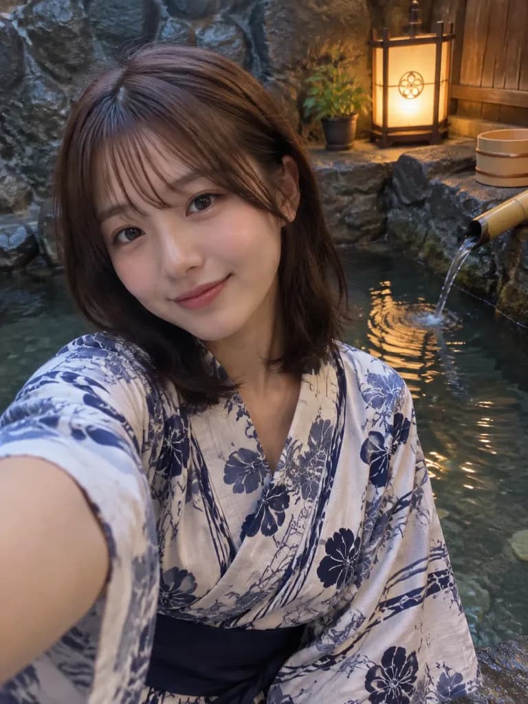 日本の温泉旅館での浴衣セルフィー
