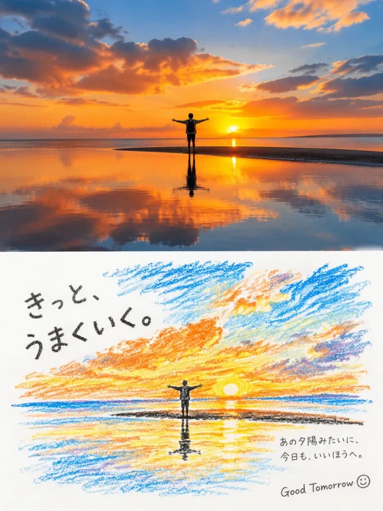 日落攝影與蠟筆畫分割海報