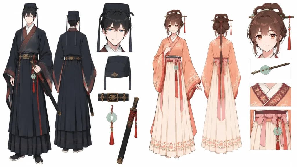 Traditional Hanfu Anime Character Reference Sheet