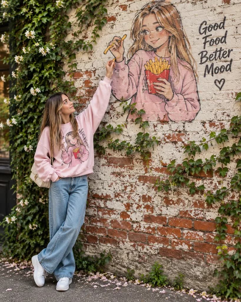 Street Fashion Woman Interacting with Mural