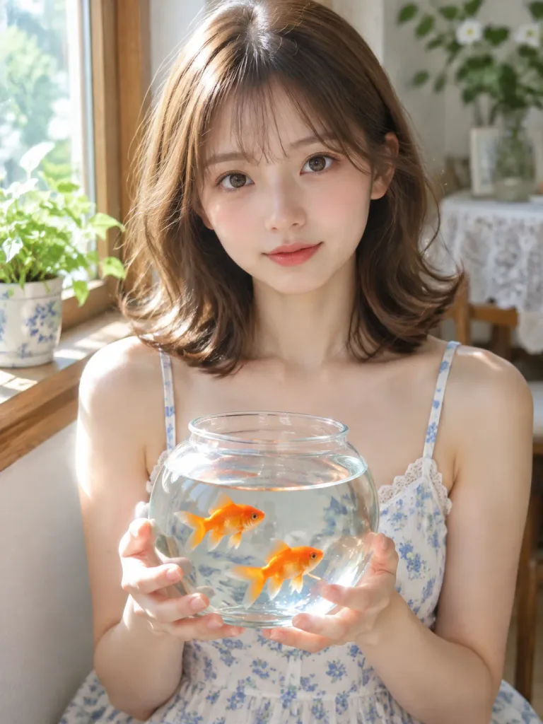晨光中手捧金魚缸的女子