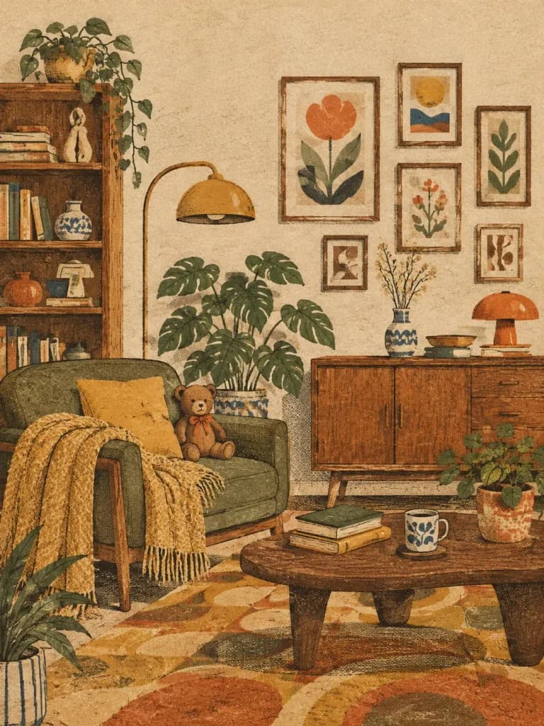 Retro Mid-Century Living Room Risograph Poster